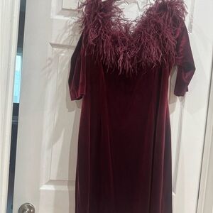 Teri Jon Burgundy Feather-Trim Dress